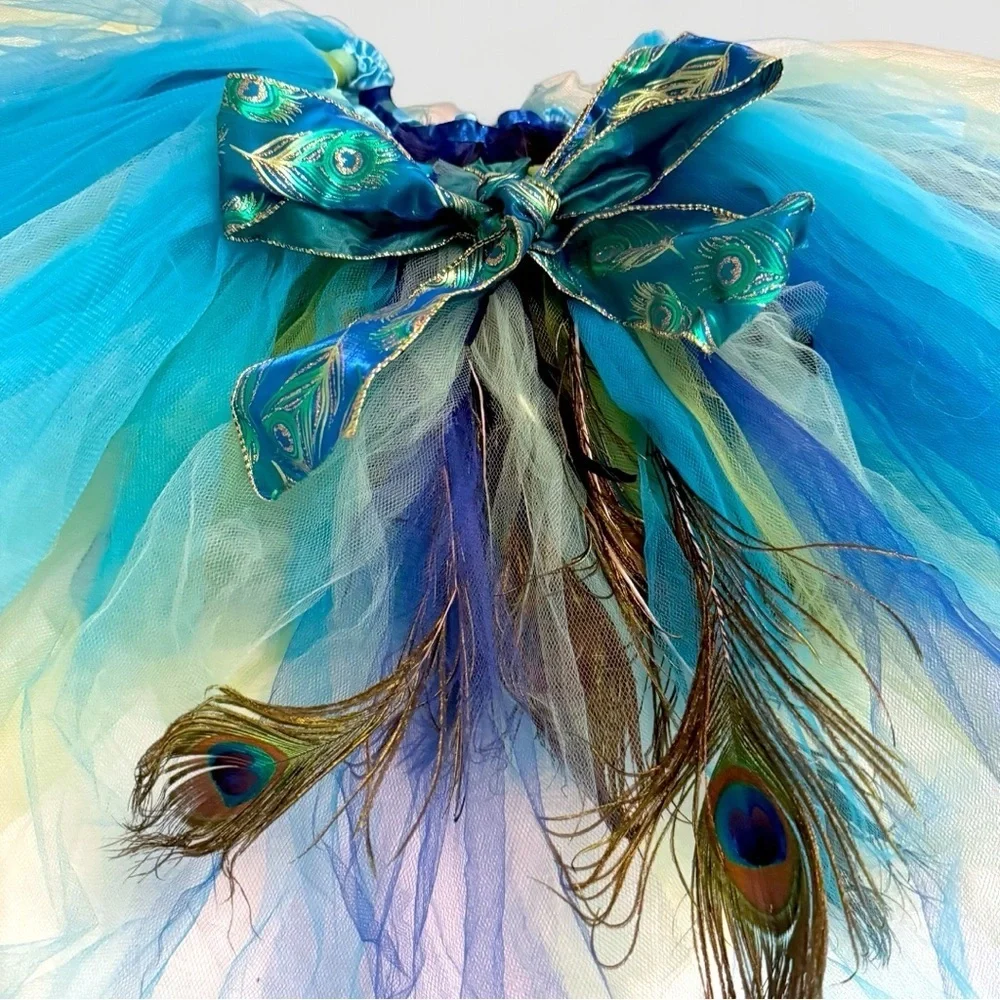 Handmade Peacock Costume Tulle Tutu Skirt and Fascinator – Girls Size 7 Dress-Up